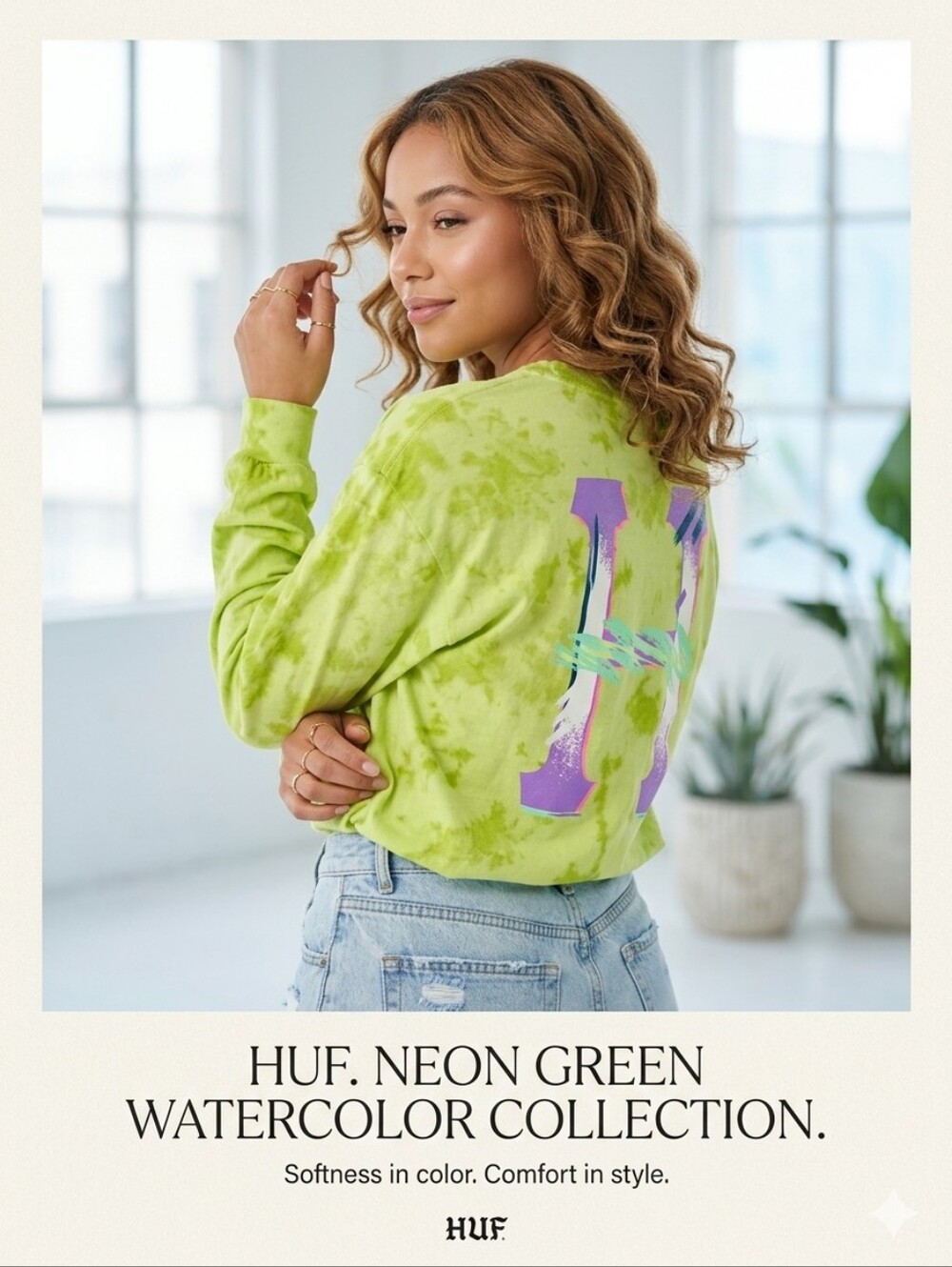 😎HUF Neon Green Watercolor Long Sleeve💜 Tee💜